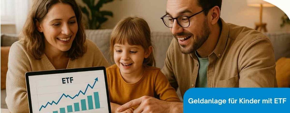 Close-up einer Smartphone-App oder eines Laptops, auf dem eine fiktive ETF-Sparplan-Oberfläche angezeigt wird („ETF Kinderkonto: Starten Sie mit 25 € monatlich“). Im Vordergrund liegt ein kleines rosa Sparschwein. Unscharfer Hintergrund mit einer Familie. Stimmung: Modern, digital, Vertrauen. Keywords: ETF App, ETF Sparplan, Geldanlage online, ETF Depot Kind, Investment Familie, digitale Geldanlage
