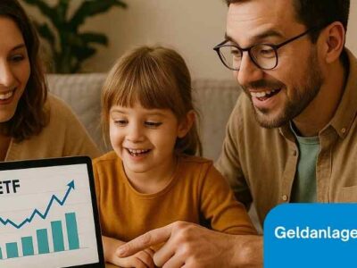 Close-up einer Smartphone-App oder eines Laptops, auf dem eine fiktive ETF-Sparplan-Oberfläche angezeigt wird („ETF Kinderkonto: Starten Sie mit 25 € monatlich“). Im Vordergrund liegt ein kleines rosa Sparschwein. Unscharfer Hintergrund mit einer Familie. Stimmung: Modern, digital, Vertrauen. Keywords: ETF App, ETF Sparplan, Geldanlage online, ETF Depot Kind, Investment Familie, digitale Geldanlage